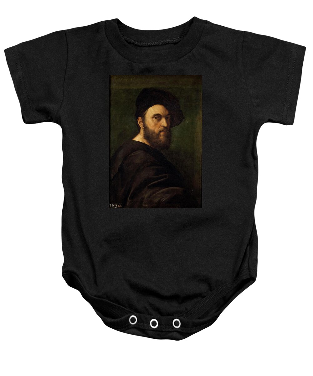 Andrea Navagero Baby Onesie featuring the painting 'Andrea Navagero', 17th century, Italian School, Oil on canvas, 68 cm x 57 cm, P0... by Raphael -1483-1520-