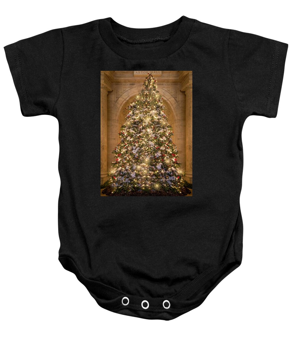 New York Public Library Baby Onesie featuring the photograph Astor Hall NYPL Christmas Tree by Susan Candelario