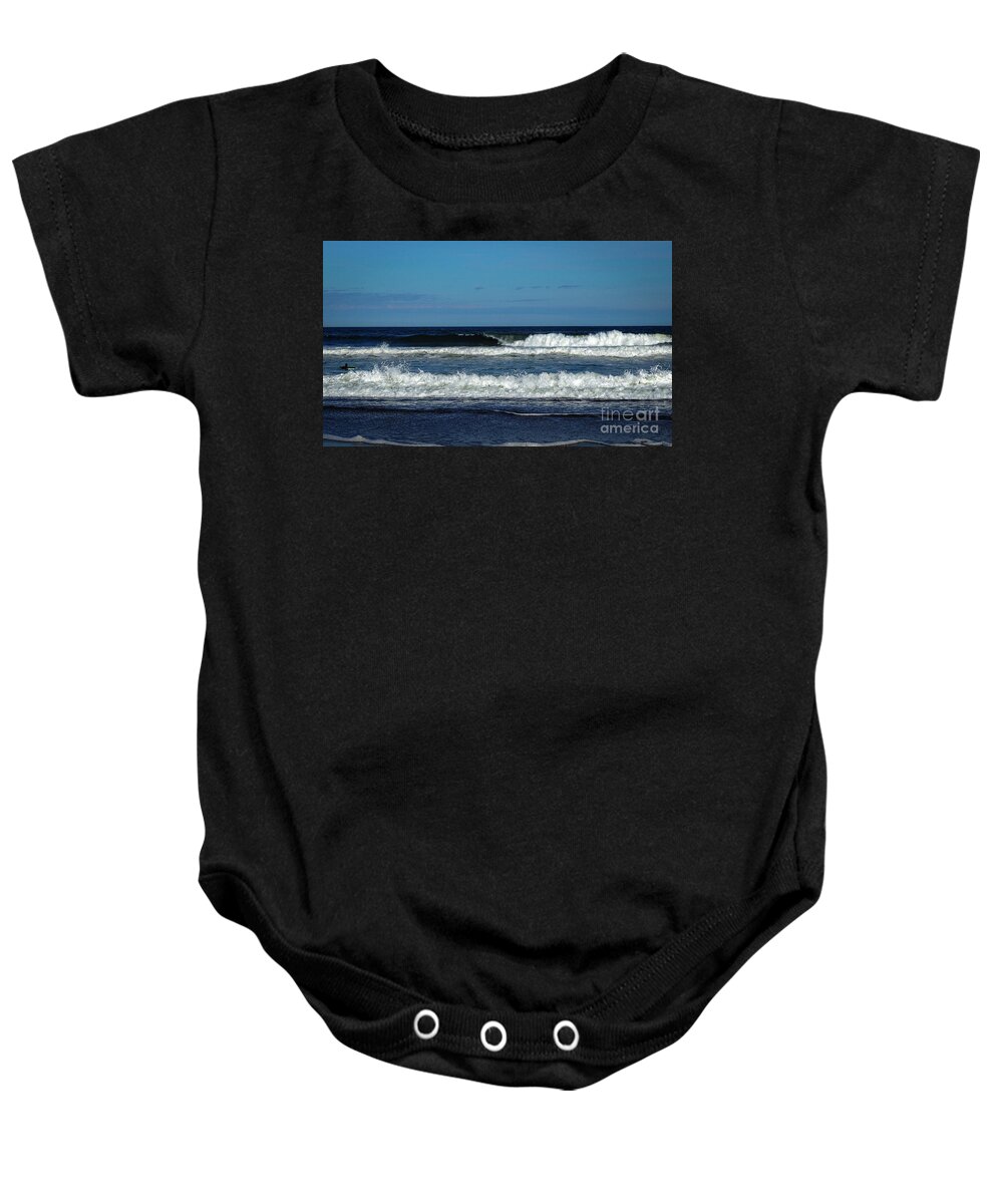 Autumn Baby Onesie featuring the photograph Autumn Surfing Post Hurricane by Mary Capriole
