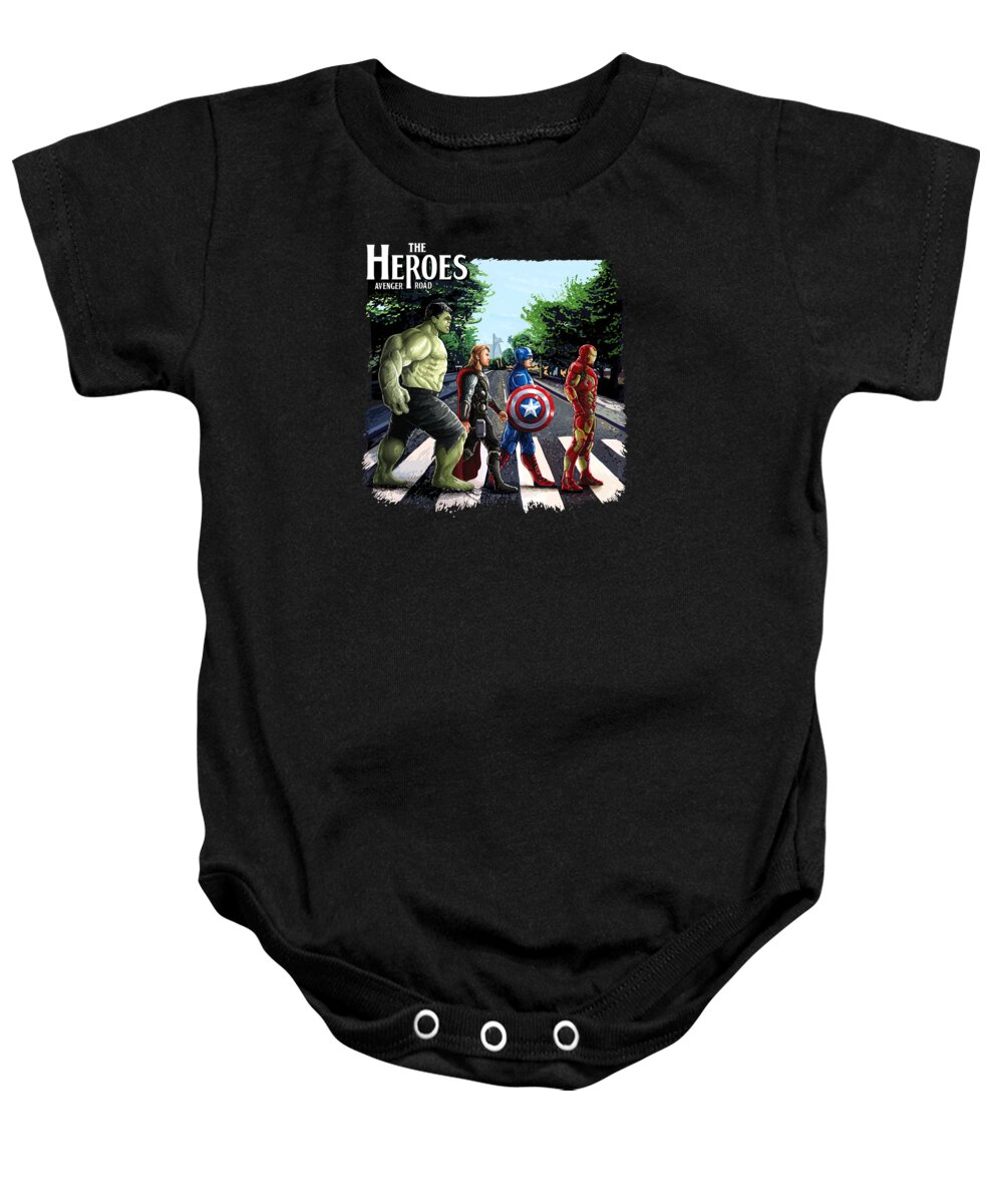 Avengers Baby Onesie featuring the digital art Avengers Walking On Abbey Road by Edith Atresia