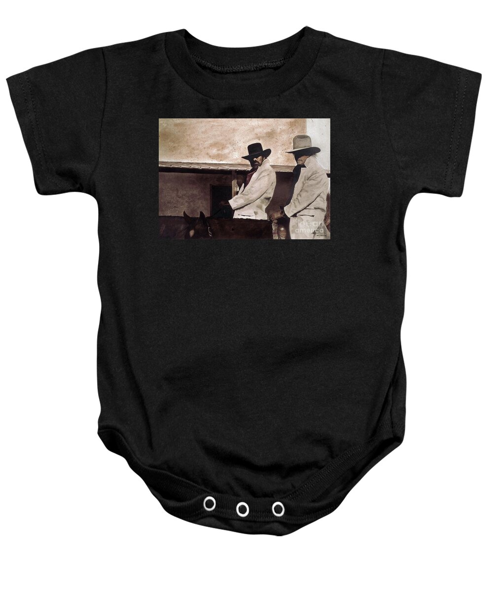 Two Questionable Cowboys Ride In To Town. Baby Onesie featuring the painting Bad News by Monte Toon