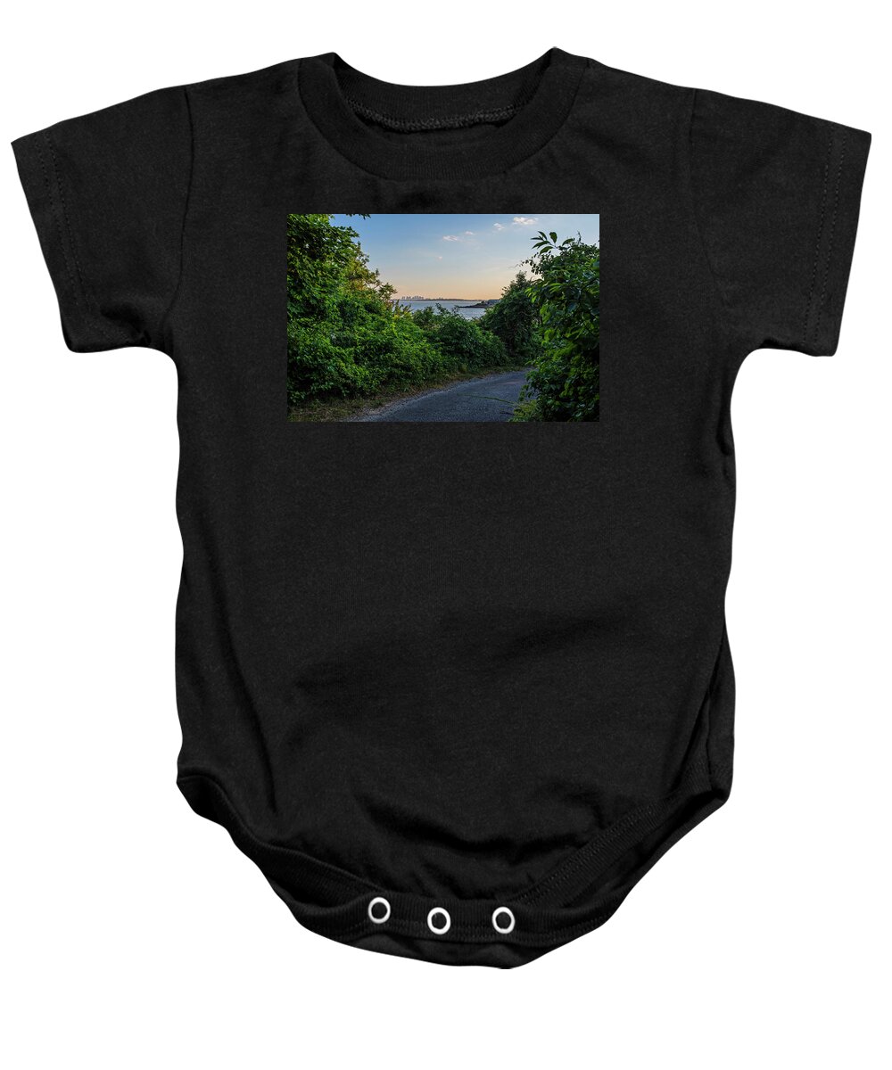 Nahant Baby Onesie featuring the photograph Bailey's Point Path Nahant MA Boston Skyline by Toby McGuire