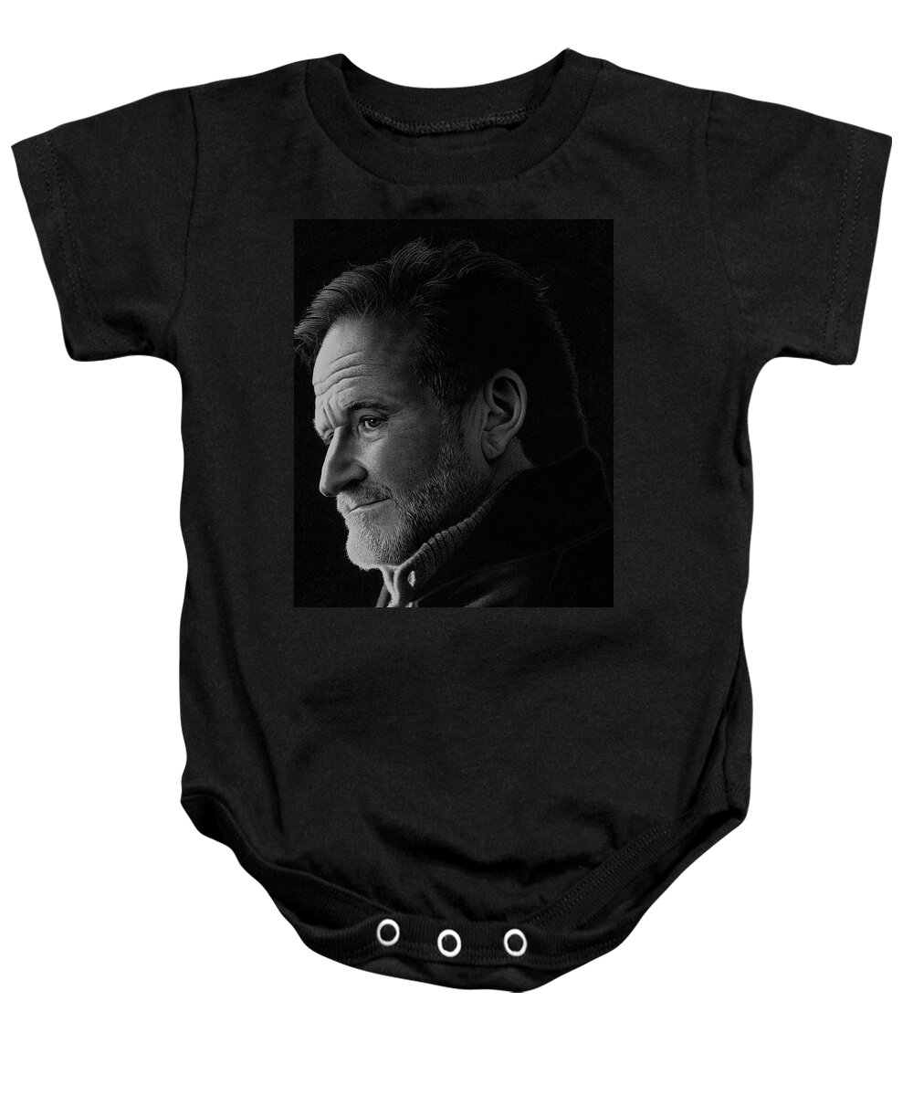 Robin Williams Baby Onesie featuring the drawing Behind The Lights by Stirring Images