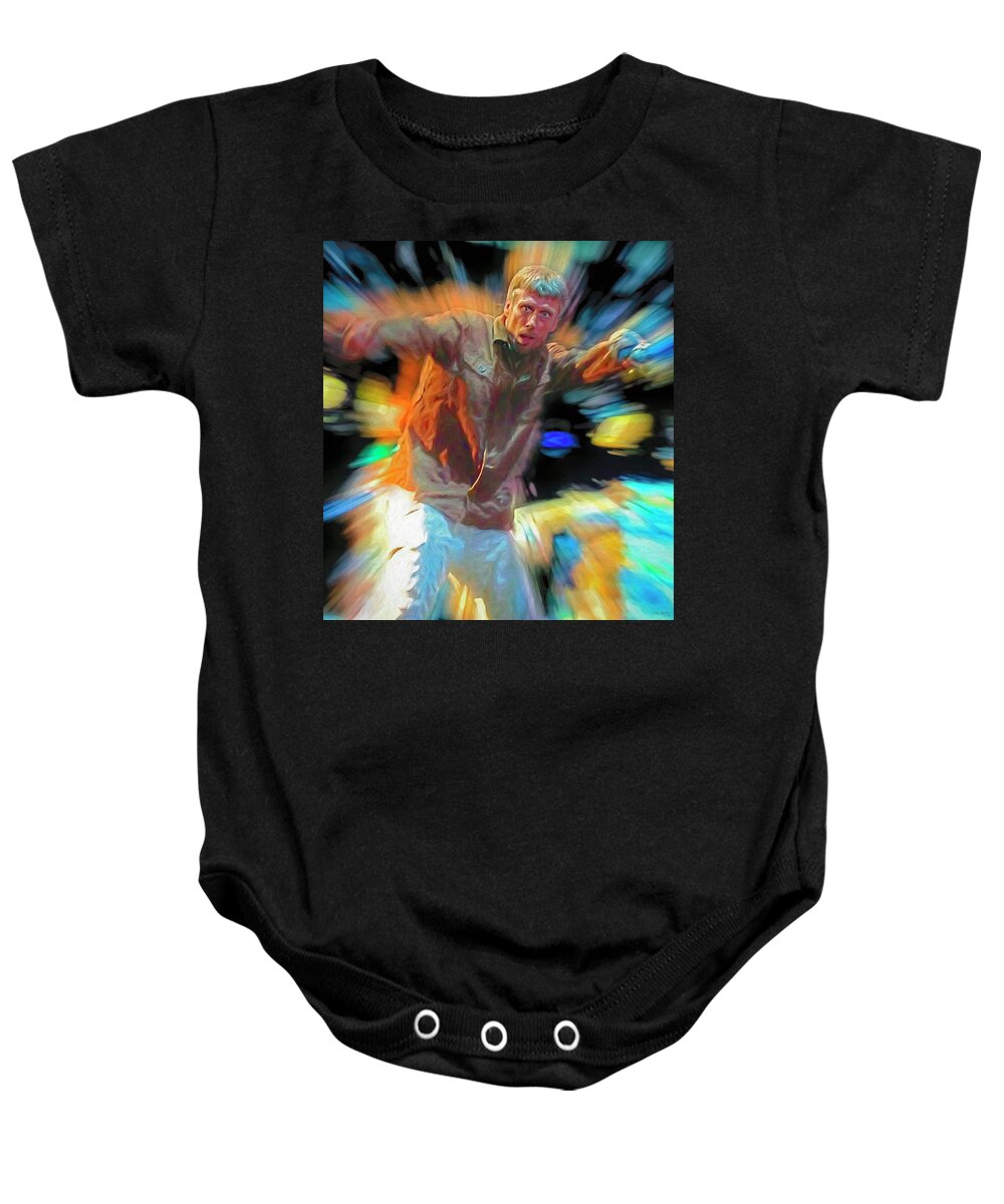 Bez Baby Onesie featuring the mixed media Bez Happy Mondays by Mal Bray