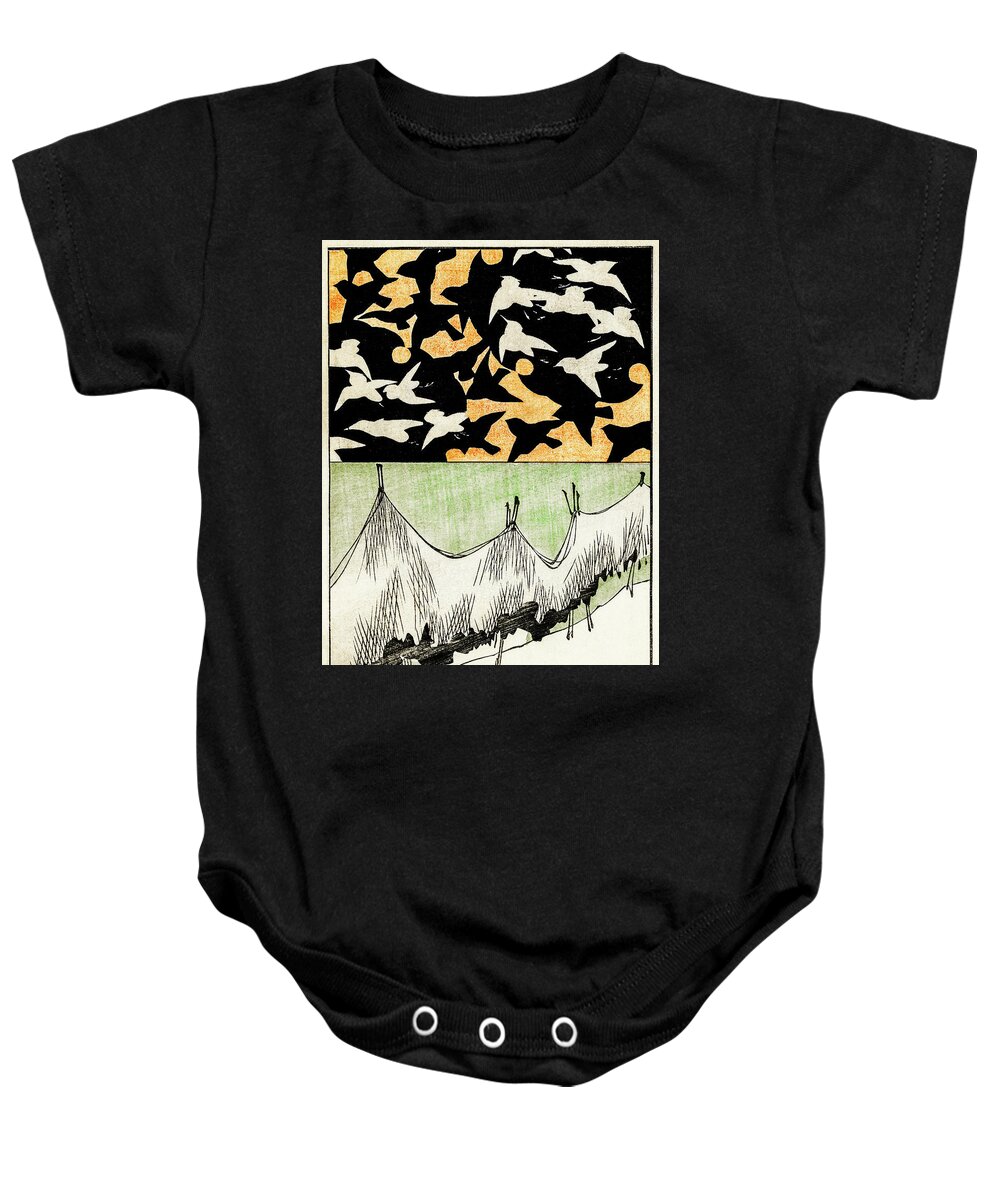 Watanabe Seitei Baby Onesie featuring the painting Birds and Net - Japanese traditional pattern design by Watanabe Seitei