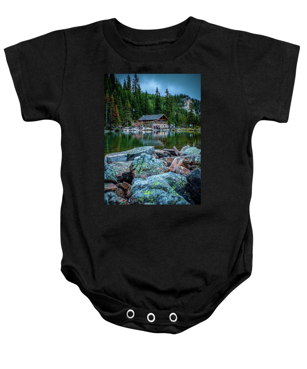 Alberta Baby Onesie featuring the photograph Busy lake Agnes Tea House by Thomas Nay