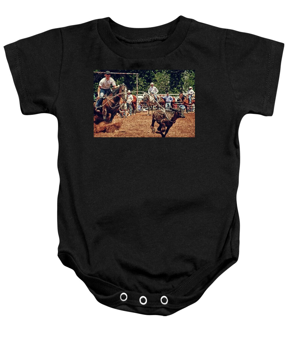 Rodeo Baby Onesie featuring the photograph Calf Roping Action by Toni Hopper