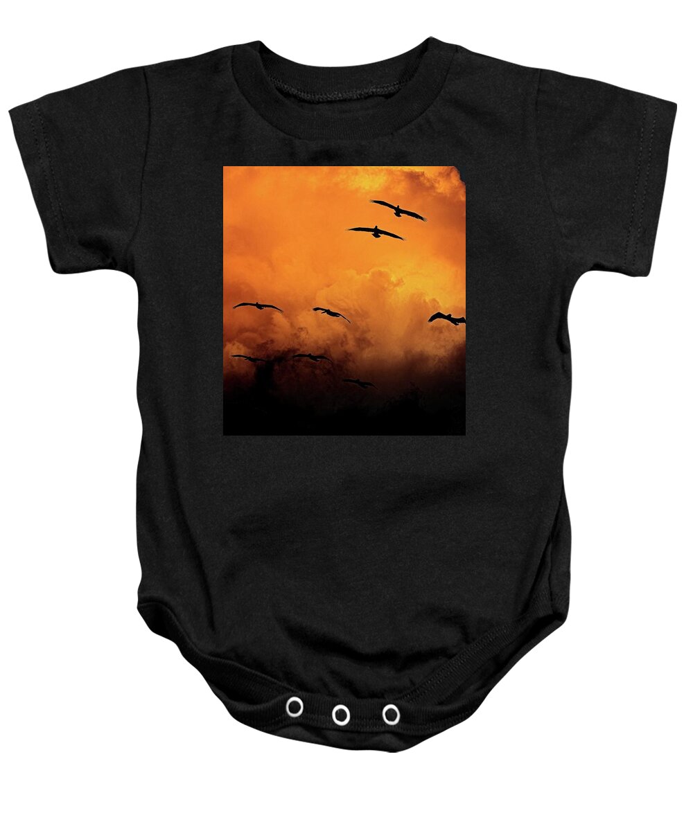 Birds In Flight Baby Onesie featuring the photograph California Exodus by Climate Change VI - Sales