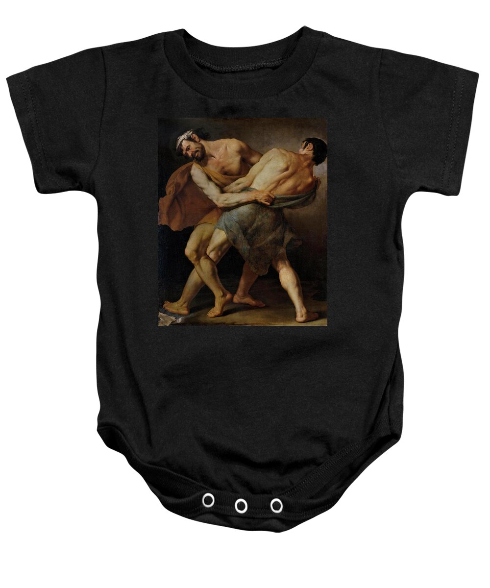Fracanzano Cesare Baby Onesie featuring the painting Cesare Fracanzano / 'Two Wrestlers or Hercules and Antaeus -?-', 1637, Italian School. ANTEO. by Cesare Fracanzano -1605-1651-