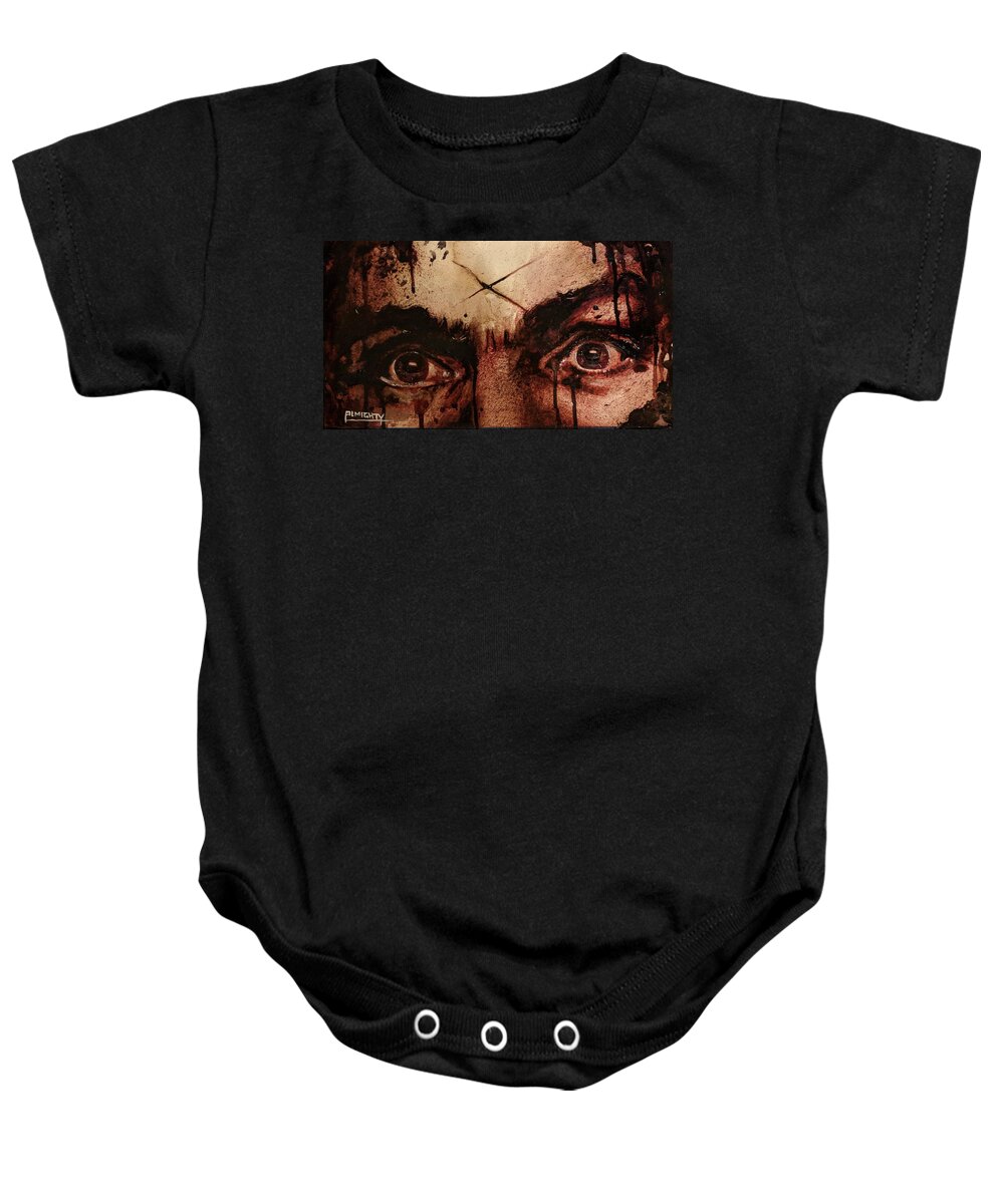 Ryan Almighty Baby Onesie featuring the painting CHARLES MANSONS EYES fresh blood by Ryan Almighty