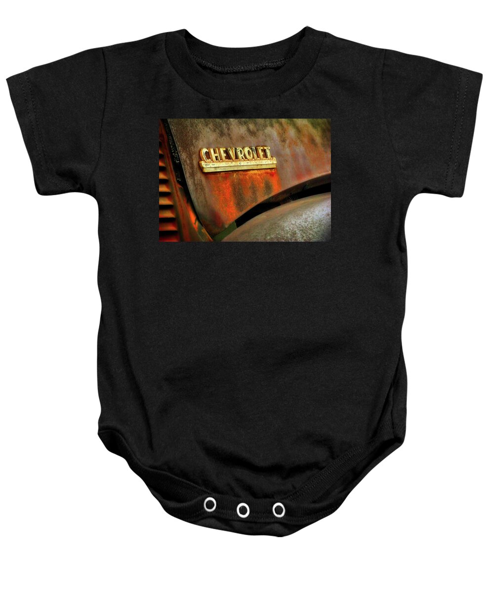 Corrosion Baby Onesie featuring the photograph Chevy hood by Micah Offman