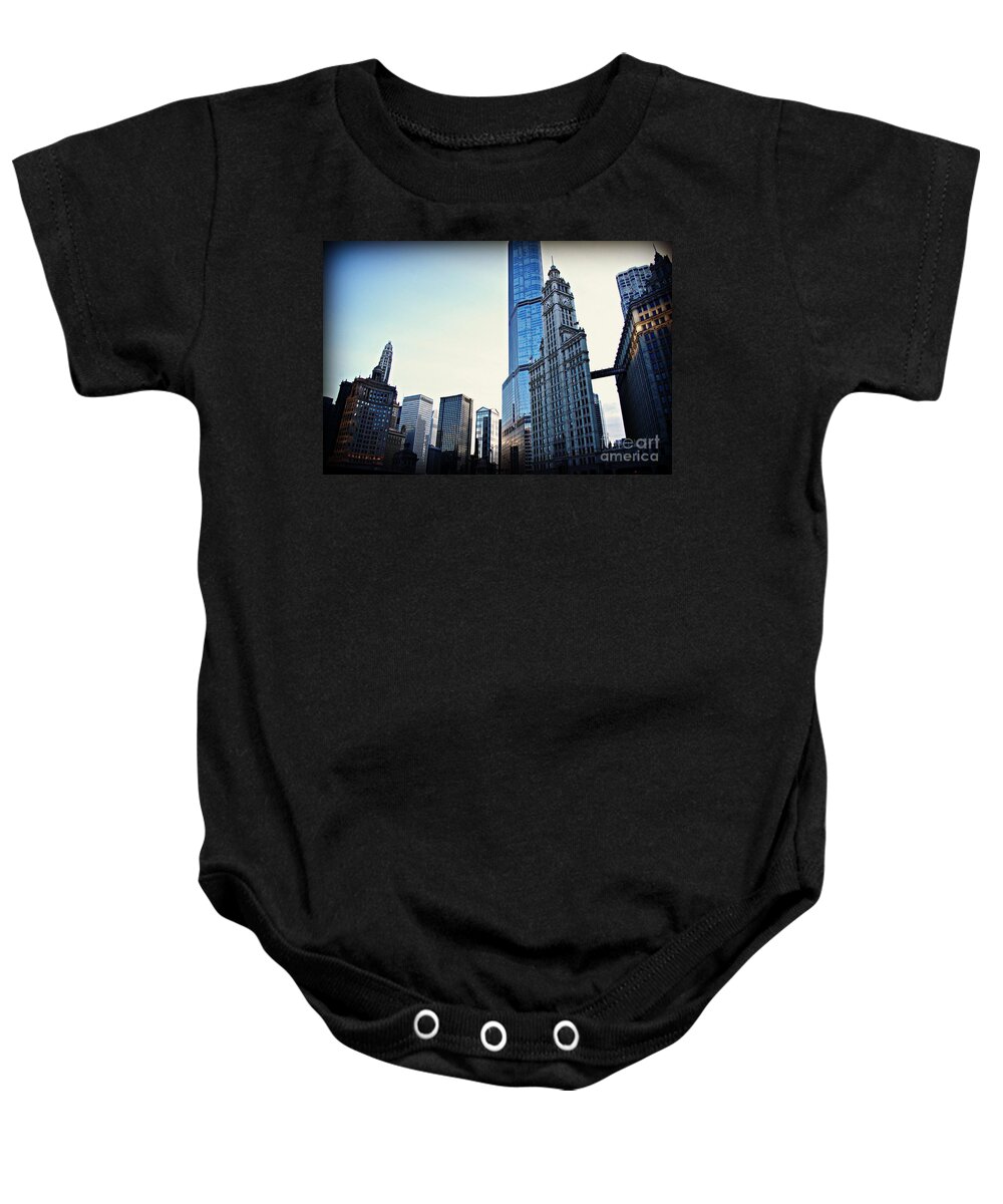 Urban Landscape Baby Onesie featuring the photograph City of Chicago - Skyscrapers at Golden Hour Sunset by Frank J Casella