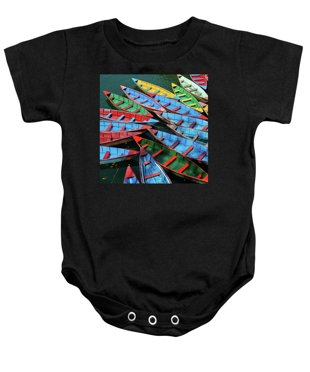 Lake Baby Onesie featuring the photograph True Colors, Rowboats by Leslie Struxness