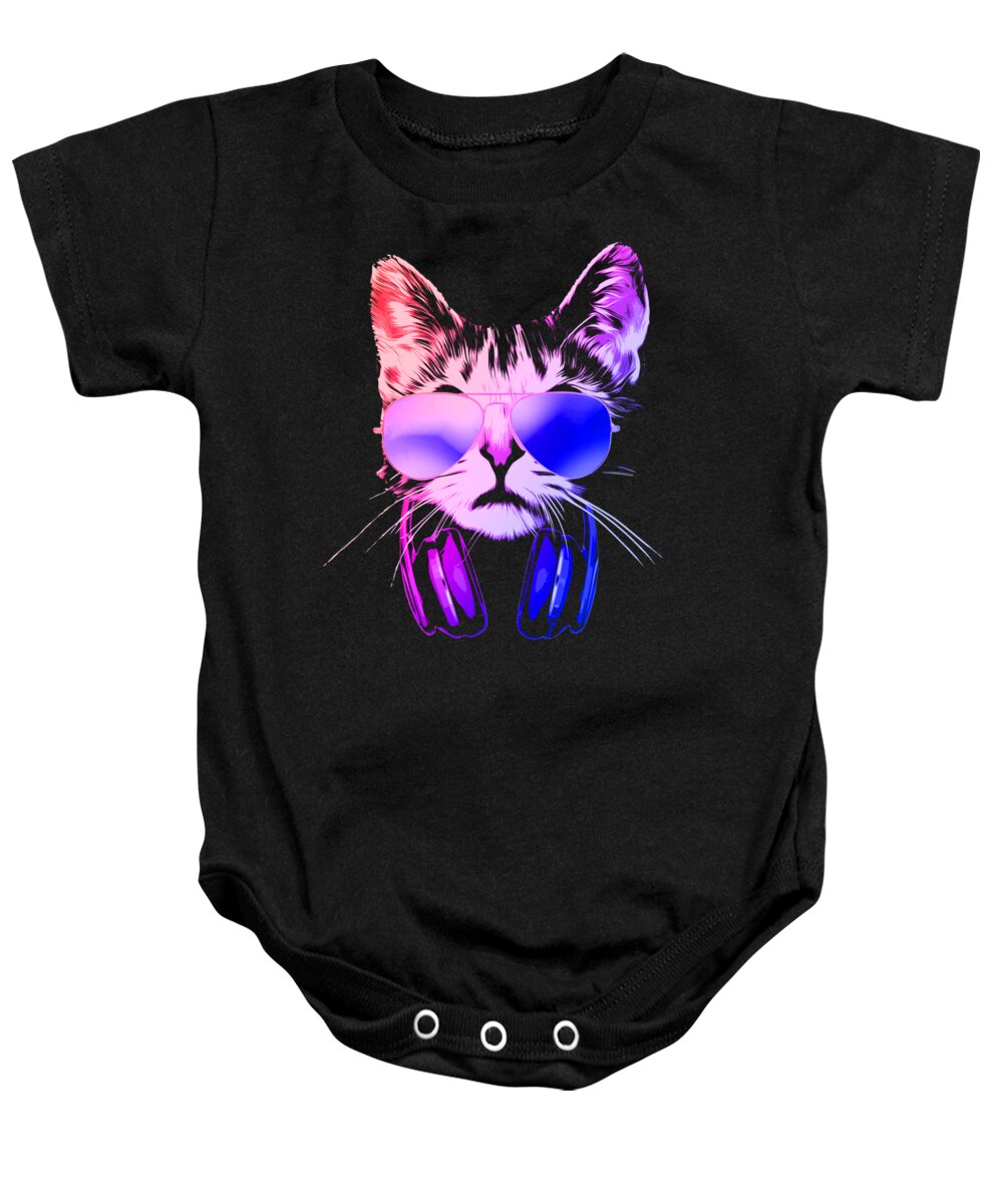 Cat Baby Onesie featuring the digital art Cool DJ Cat In Neon Lights by Megan Miller