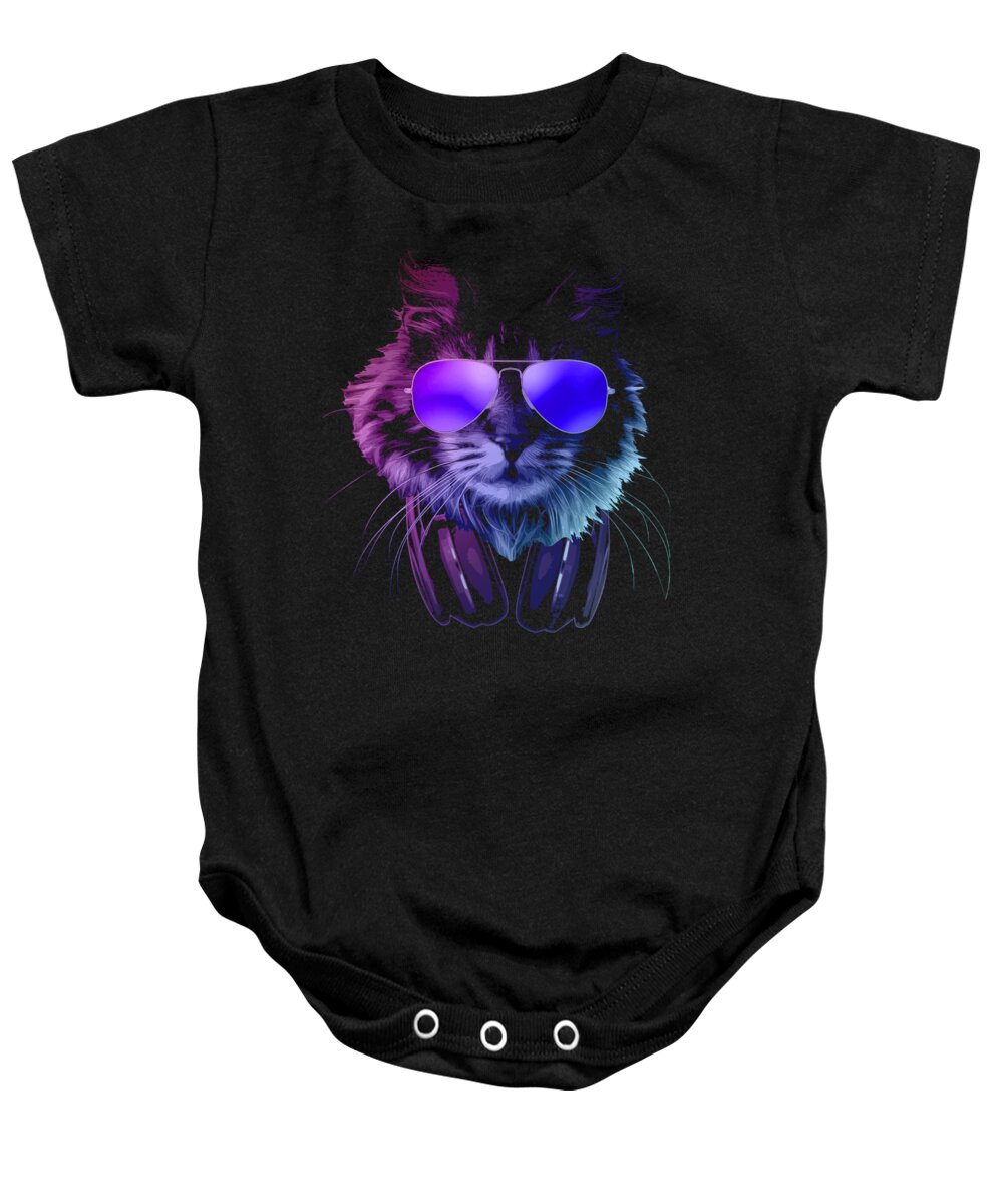 Cat Baby Onesie featuring the digital art Cool DJ Furry Cat In Neon Lights by Megan Miller
