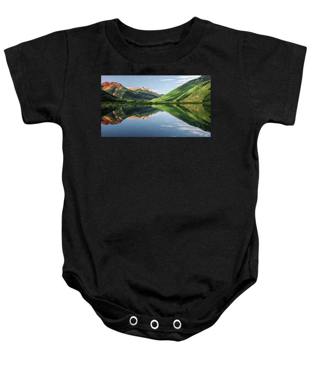 Crystal Lake Baby Onesie featuring the photograph Crystal Lake Red Mountain Reflection in Ouray Colorado by Robert Bellomy