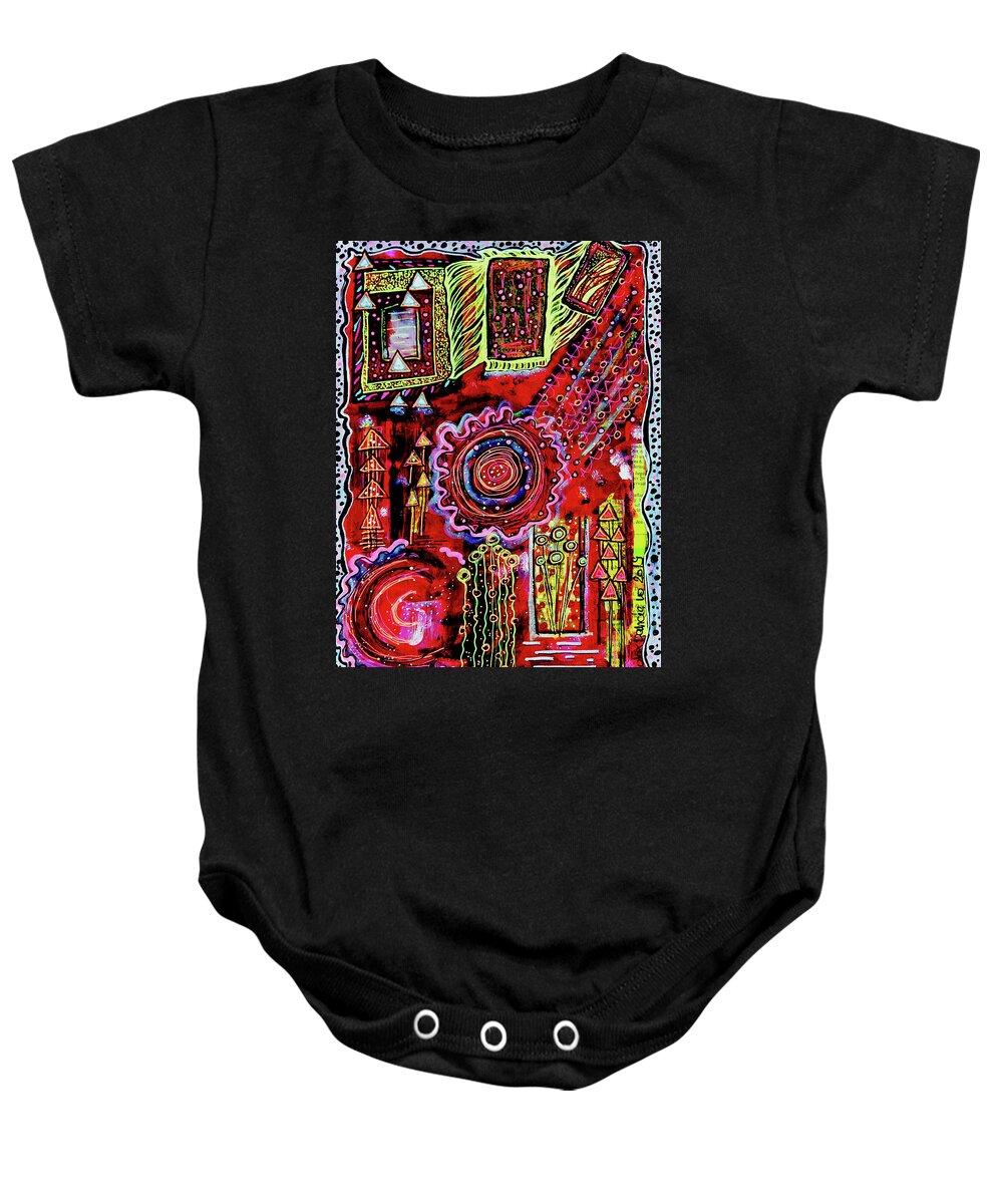 Outsider Art Baby Onesie featuring the mixed media Dancing Particles by Mimulux Patricia No