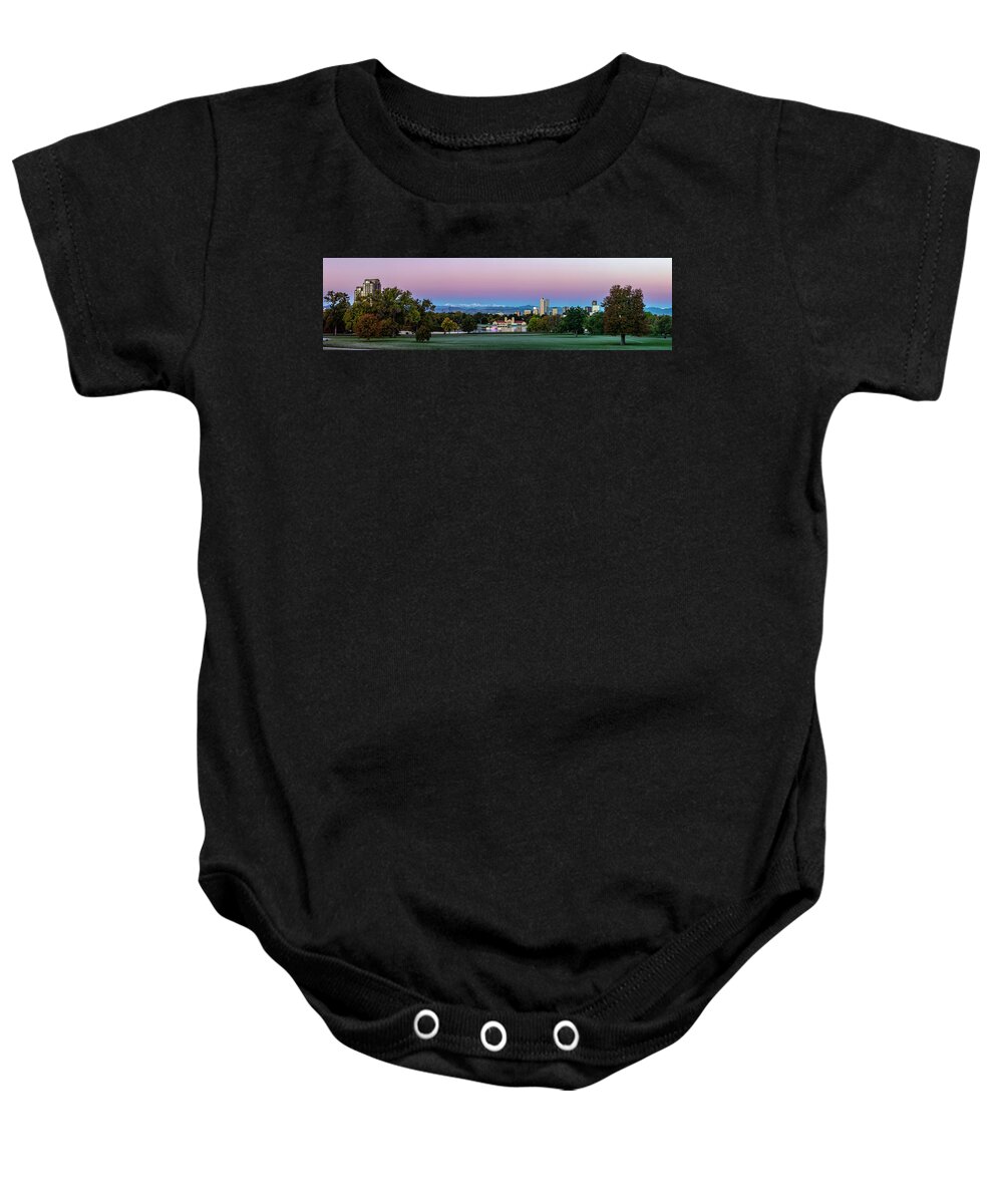 Denver City Park Baby Onesie featuring the photograph Denver Skyline at Dawn by Kristal Kraft