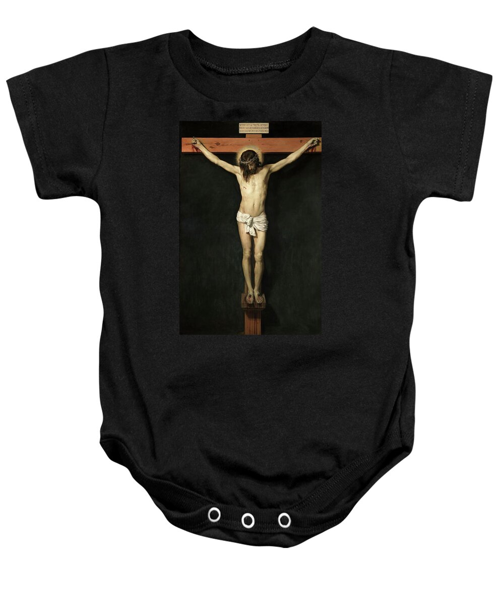 Christ Crucified Baby Onesie featuring the painting Diego Rodriguez de Silva y Velazquez / 'Christ Crucified', ca. 1632, Spanish School. by Diego Velazquez -1599-1660-