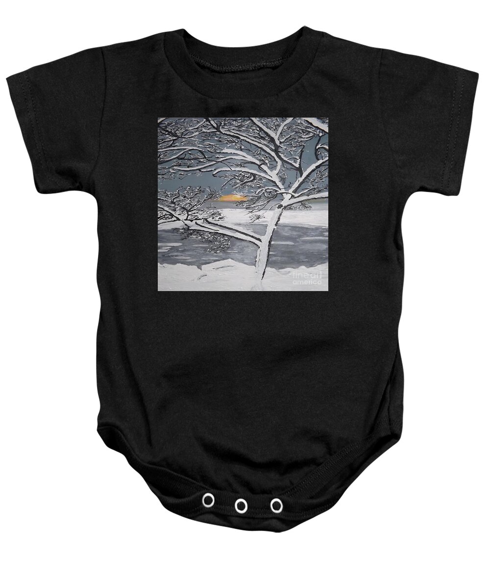 Winter Landscape Baby Onesie featuring the painting Distant Sun Rising by Denise Morgan