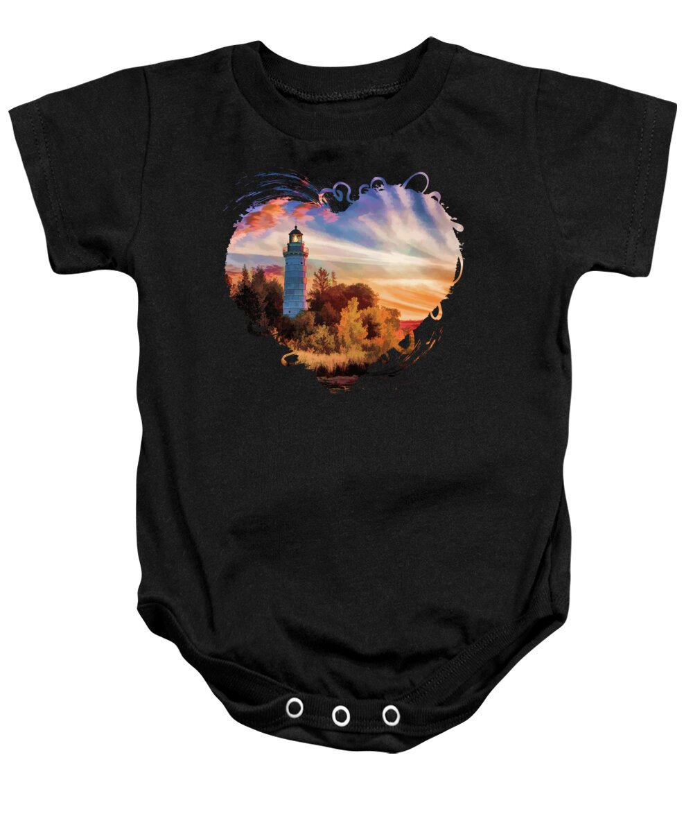 Door County Baby Onesie featuring the painting Door County Cana Island Lighthouse Sunrise Panorama by Christopher Arndt