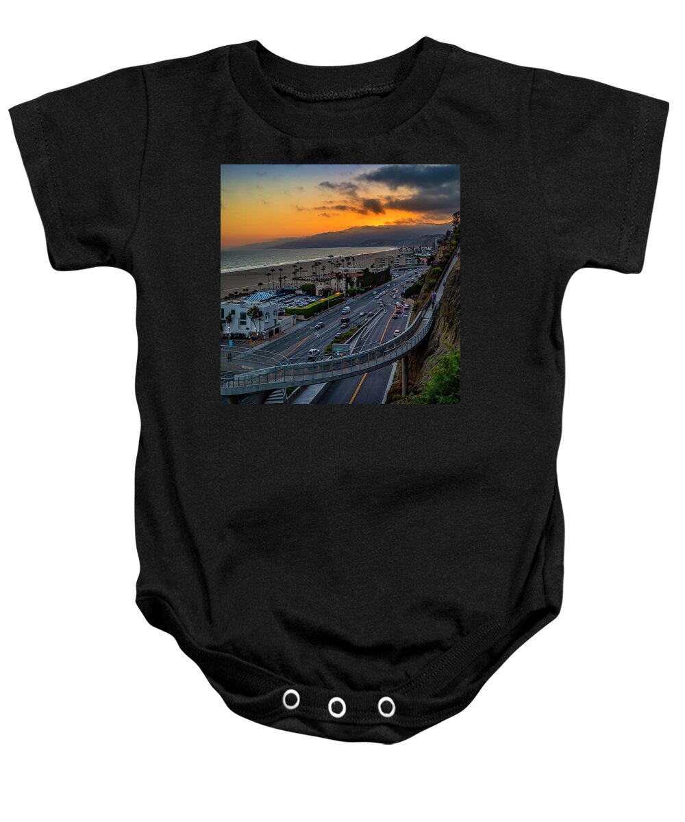 Sunset Baby Onesie featuring the photograph Evening Commuters Crossing Over Pacific Coast Highway - Square by Gene Parks
