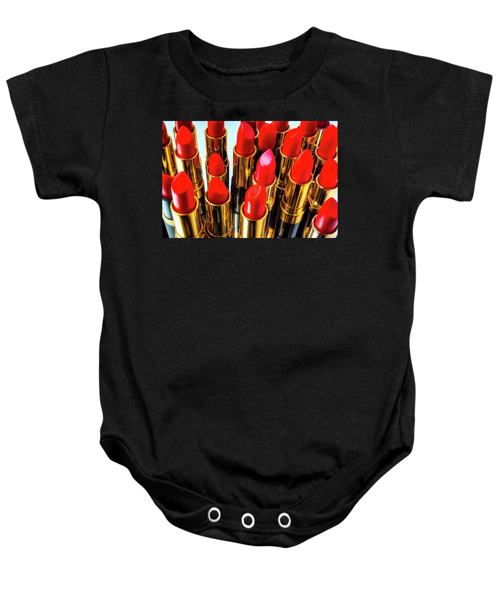 Cosmetics Baby Onesie featuring the photograph Fashionable Red Lipstick by Garry Gay