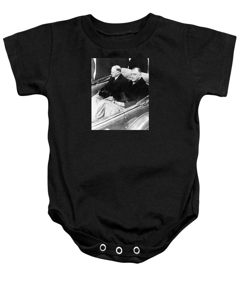 Franklin Roosevelt Baby Onesie featuring the photograph FDR and Herbert Hoover - Inauguration Day 1933 by War Is Hell Store