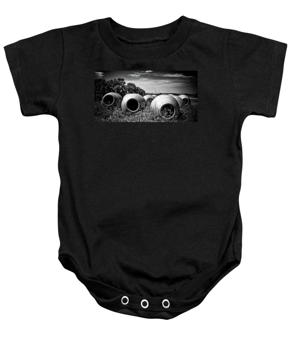 Pots Baby Onesie featuring the photograph Feed me - black and white by Tatiana Travelways