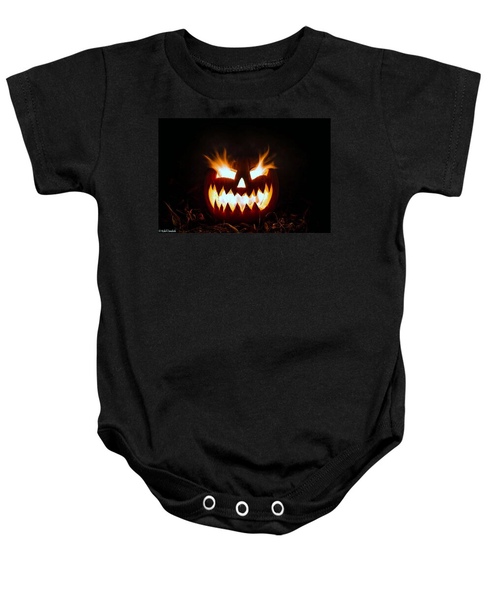 Halloween Baby Onesie featuring the photograph Flaming Pumpkin by Mike Ronnebeck
