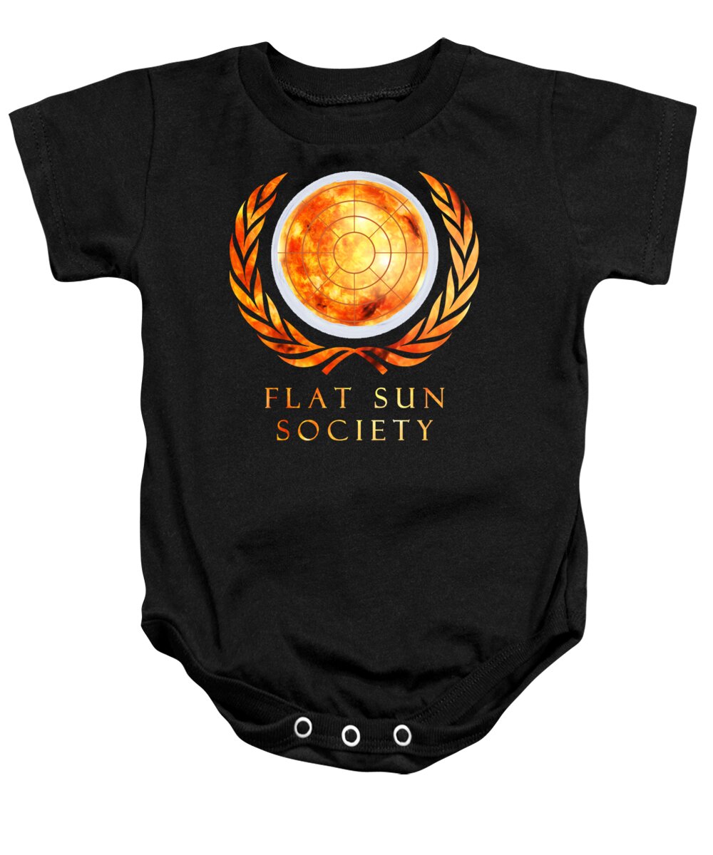 Flat Earth Baby Onesie featuring the digital art Flat Sun Society by Megan Miller