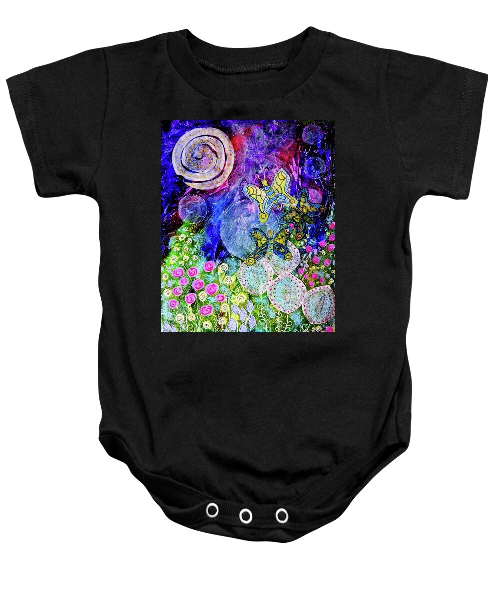 Luna Baby Onesie featuring the mixed media Flight of the Lunar Moths by Mimulux Patricia No