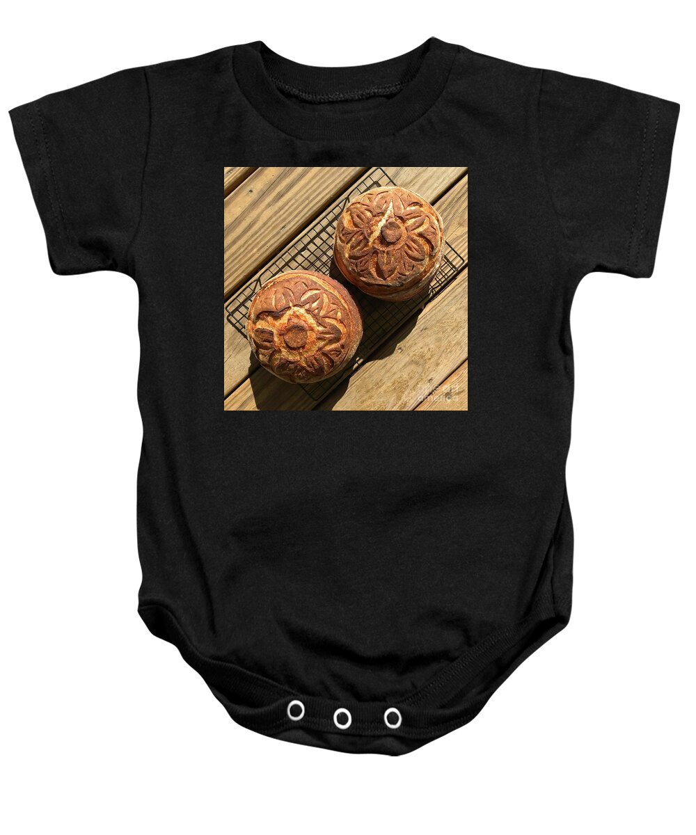 Bread Baby Onesie featuring the photograph Floral Scored Sourdough by Amy E Fraser