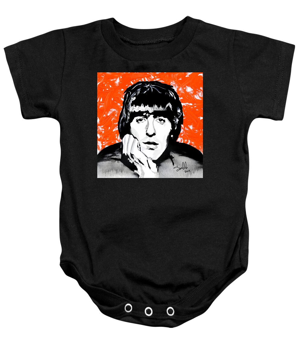 George Harrison Baby Onesie featuring the painting George by Sergio Gutierrez