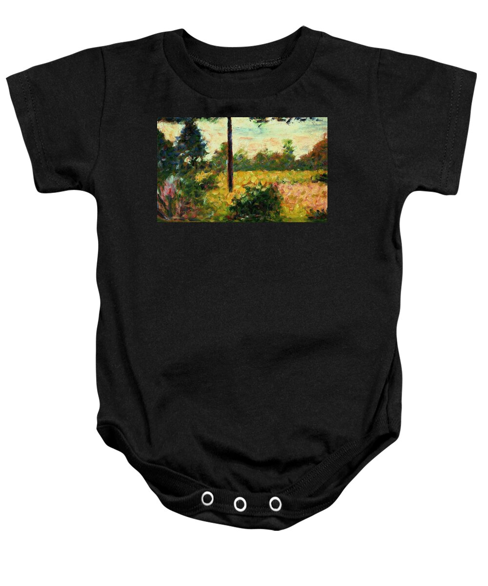 Forest Of Barbizon Baby Onesie featuring the painting Georges Seurat / 'Forest of Barbizon', c. 1922, Oil on canvas. by Georges Seurat -1859-1891-