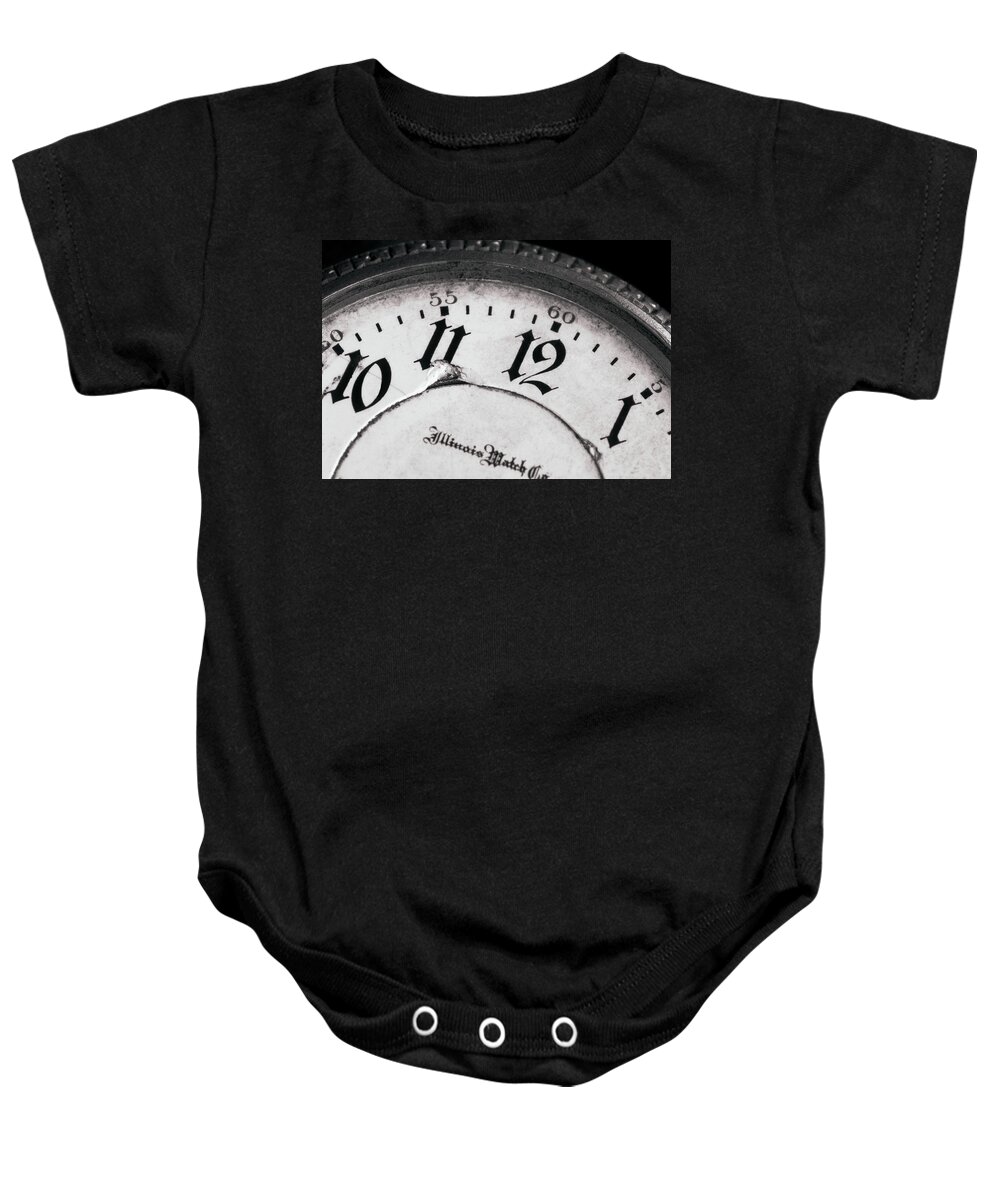 Black And White Baby Onesie featuring the photograph Grandfather's Pocket Watch by Jeff Phillippi