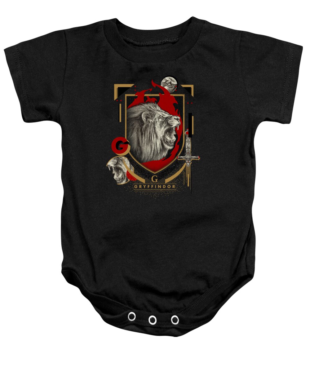  Baby Onesie featuring the digital art Harry Potter - Gryffindor Magicial Mischief Level Up Crest by Brand A
