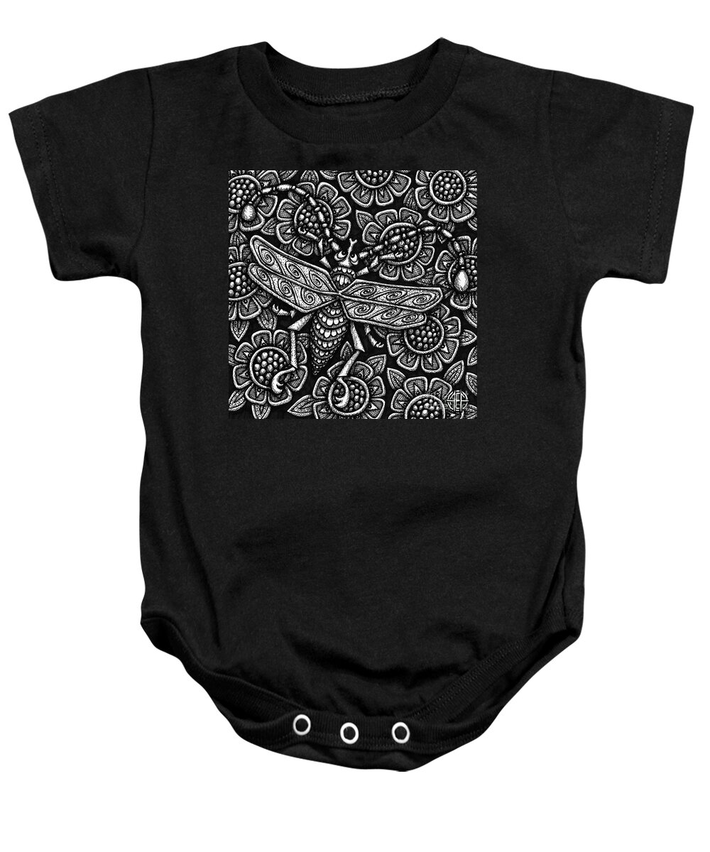 Pen And Ink Baby Onesie featuring the drawing Insect Botanical Ink 1 by Amy E Fraser