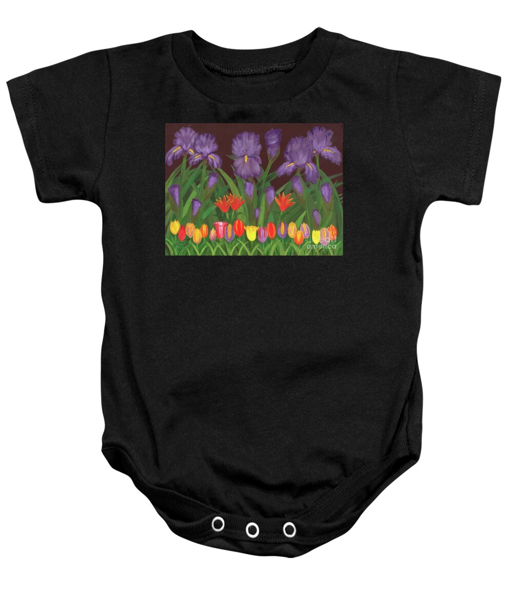 Irises And Tulips Baby Onesie featuring the painting Irises and Tulips by Elizabeth Mauldin