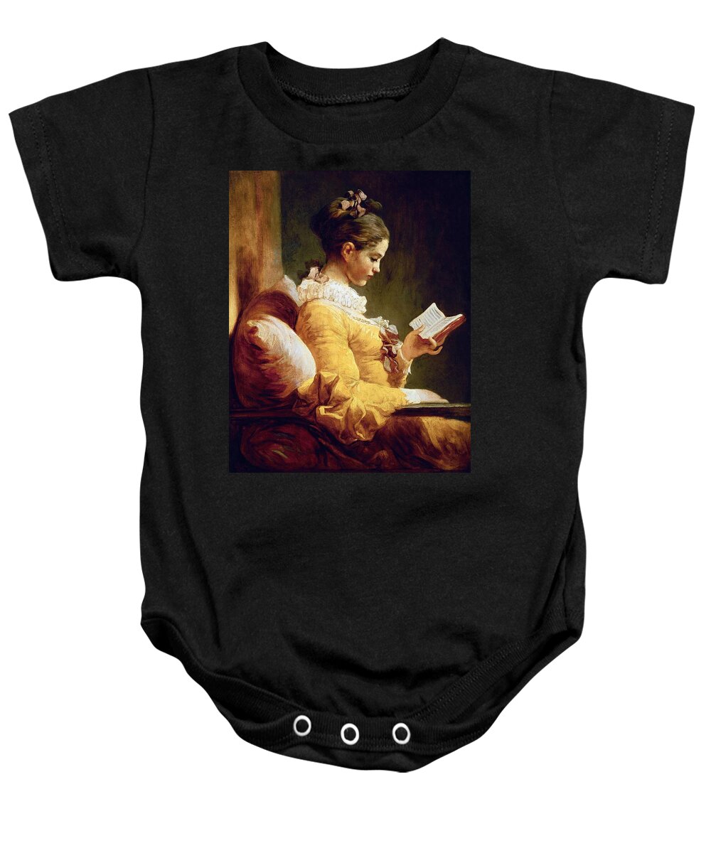 Jean-honore Fragonard Baby Onesie featuring the painting JEAN-HONORE FRAGONARD Young Girl Reading, c. 1769, National Gallery of Art, Washington DC. by Jean-Honore Fragonard -1732-1806-