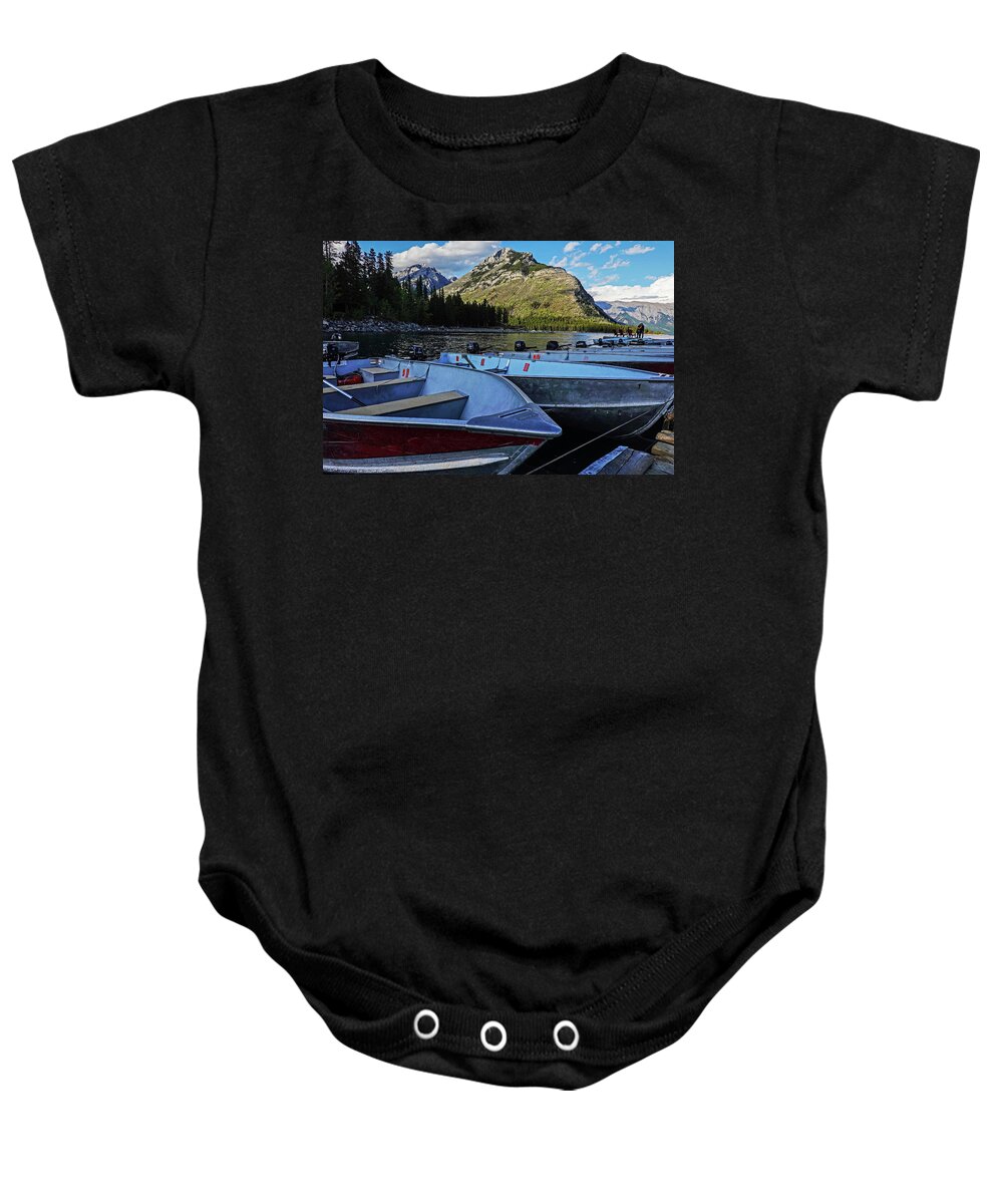 Banff Baby Onesie featuring the photograph Lake Minnewanka Boats Banff National Park Alberta Canada Canadian Rockies by Toby McGuire