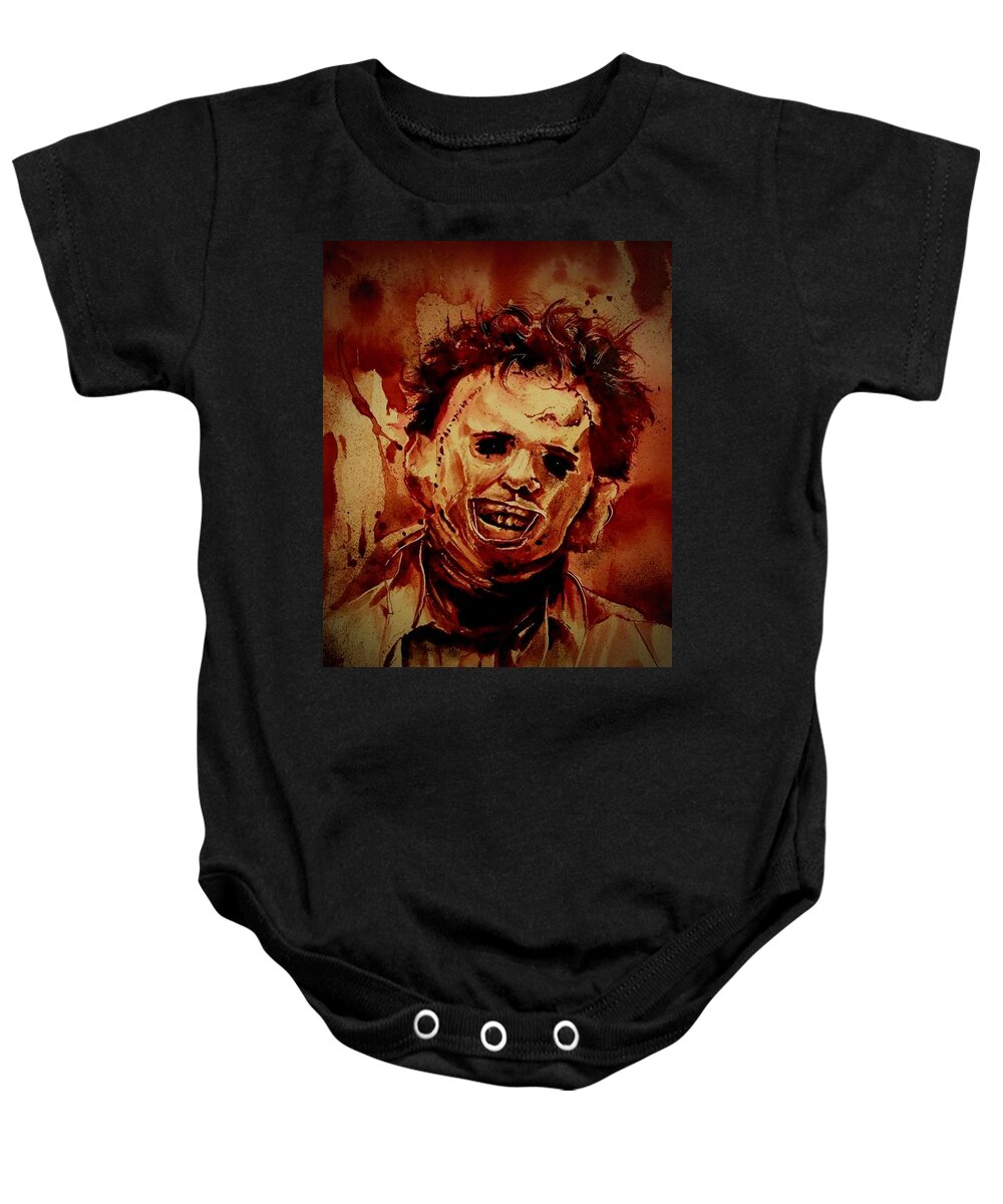 Ryanalmighty Baby Onesie featuring the painting LEATHERFACE fresh blood by Ryan Almighty
