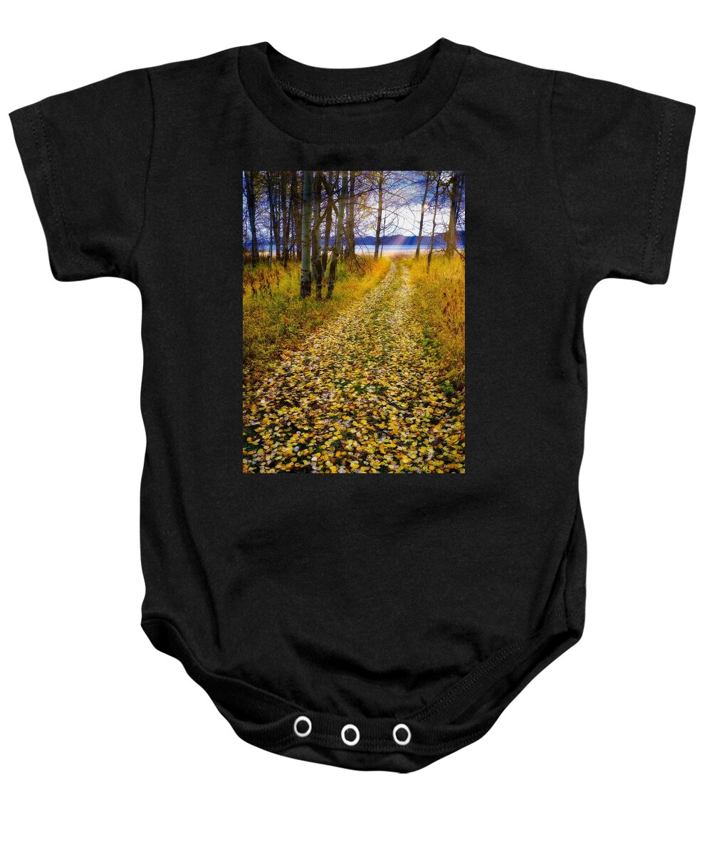 Fall Baby Onesie featuring the photograph Leaves On Trail by Tom Gresham