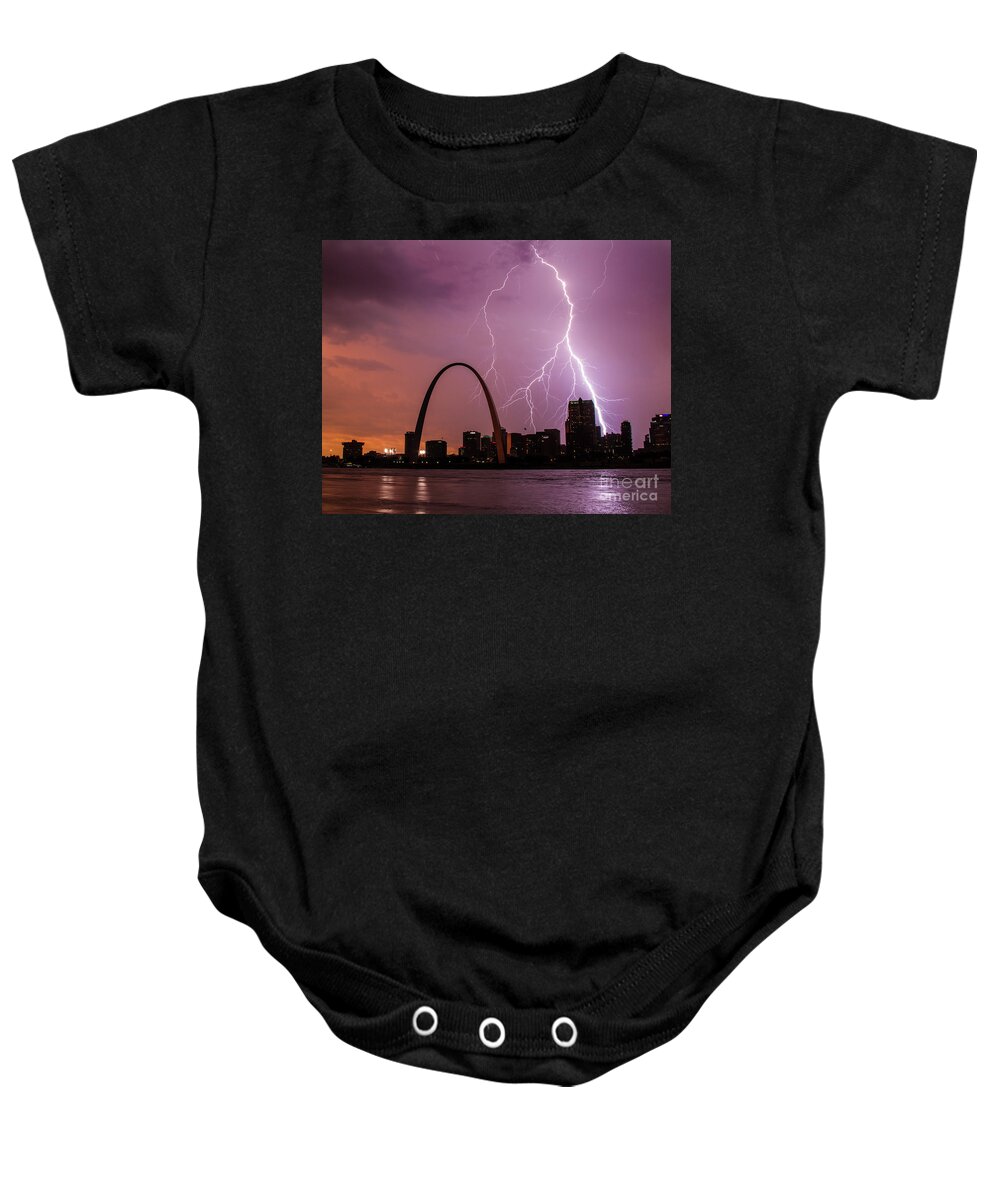 Lightning Baby Onesie featuring the photograph Lightning over the Gateway Arch by Garry McMichael
