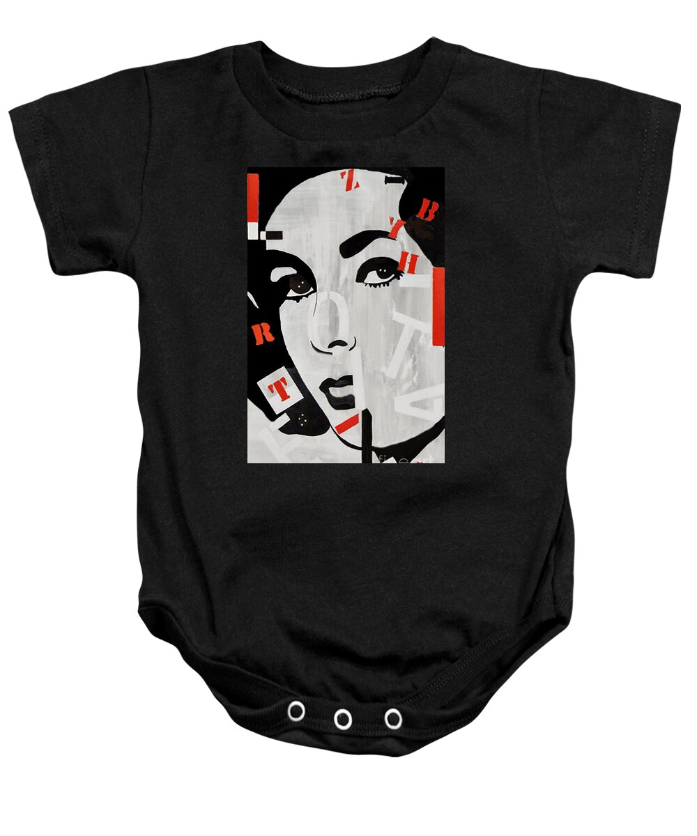 Elizabeth Taylor Baby Onesie featuring the painting Liz Taylor by Kathleen Artist PRO