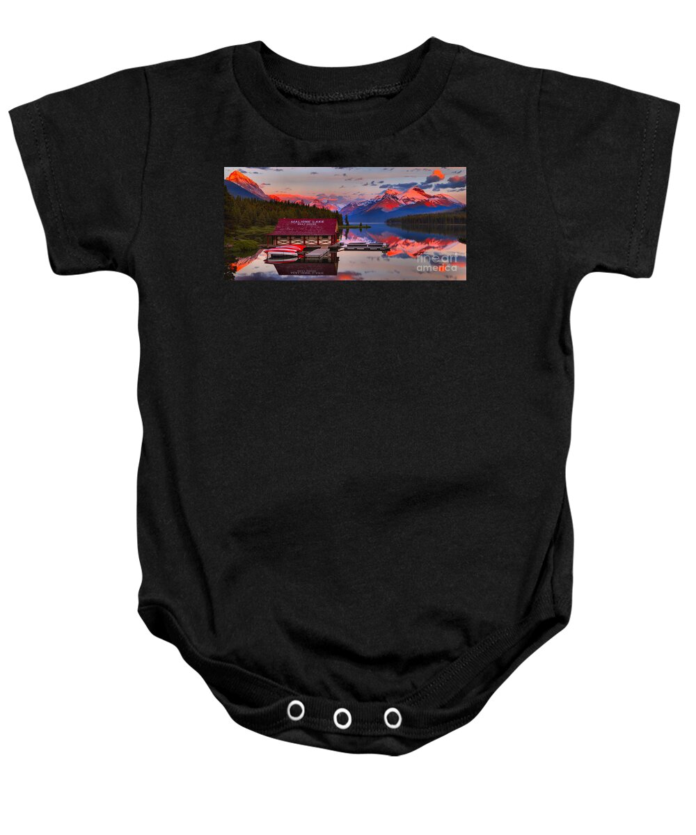 Maligne Lake Baby Onesie featuring the photograph Maligne Lake Reflection Sunset Panorama Crop by Adam Jewell
