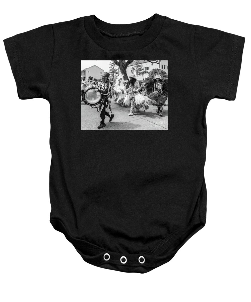 Men Baby Onesie featuring the photograph Marching on Mardi Gras Indian Day - BW by Kathleen K Parker