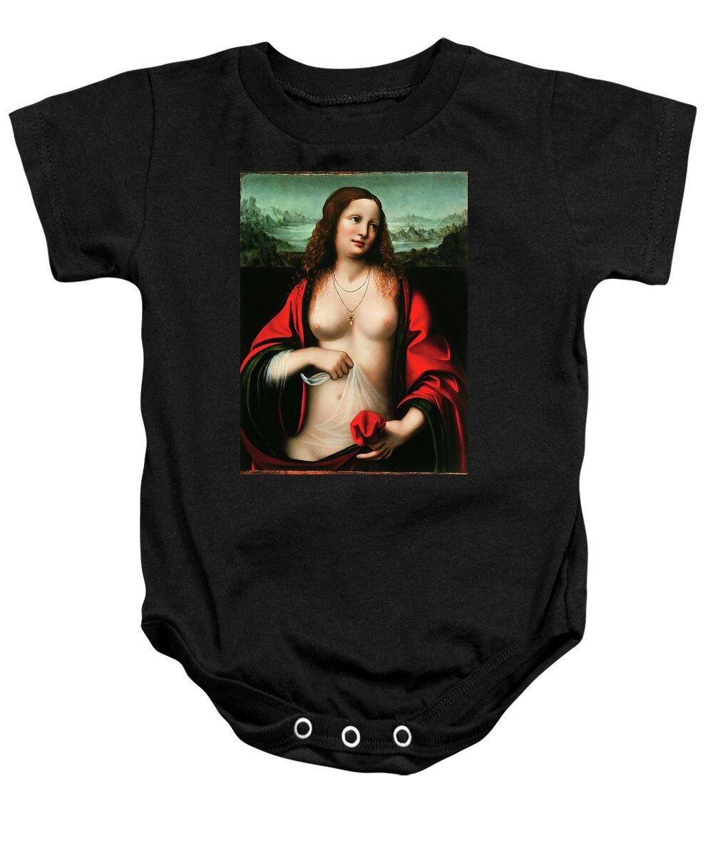 Giampietrino Baby Onesie featuring the painting Maria Magdalene, painting. Circa 1515. Private collection. -Usually attributted to Giampetrino, C... by Leonardo da Vinci -1452-1519-