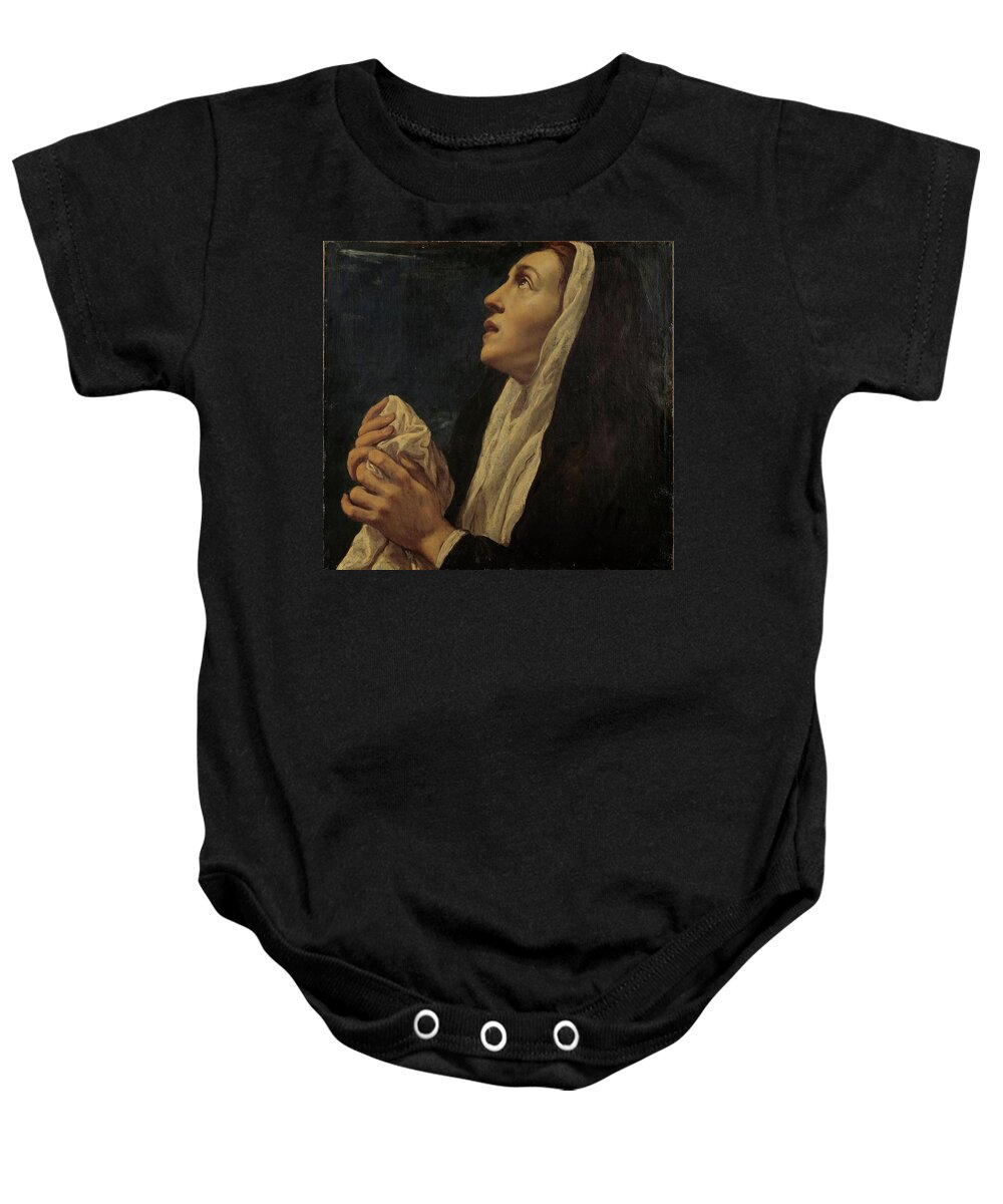 Luis Tristan Baby Onesie featuring the painting 'Mary Magdalene', 1616, Spanish School, Canvas, 42 cm x 40 cm, P02837. by Luis Tristan de Escamilla -c 1587-1624-