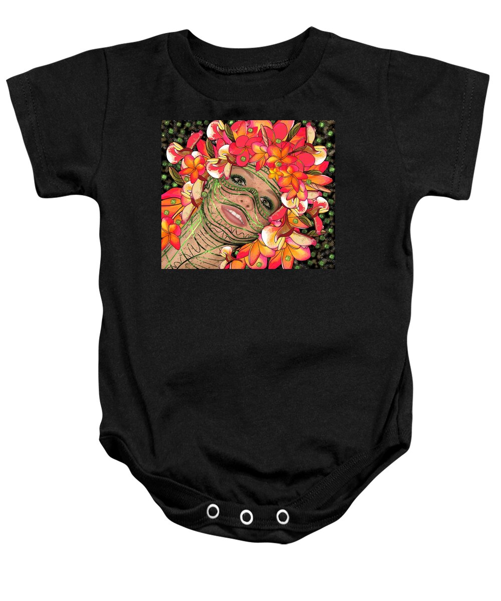 Mask Baby Onesie featuring the mixed media Mask Freckles and Flowers by Joan Stratton